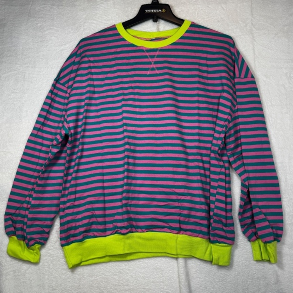 Womens Sweatshirt Womens Size X-Large Pink Green Striped Oversized Preppy